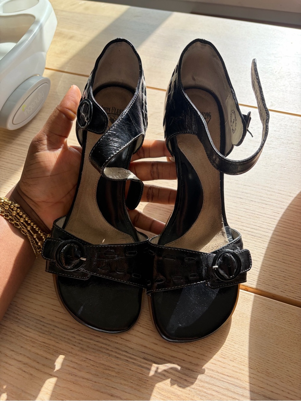 John Fluevog Black Strappy Heeled Sandals with Buckle Detail